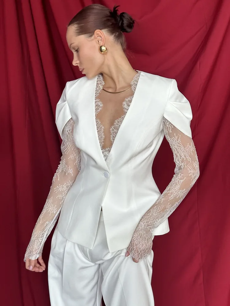 Mozision-Chaqueta Blazer Sexy de retazos de encaje para mujer, elegante, con escote en V profundo, transparente, manga larga, un botón, abrigos para discoteca