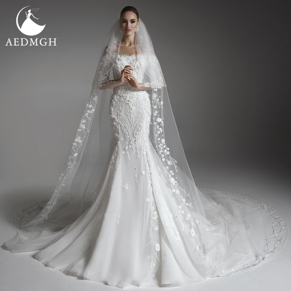 Aedmgh sirena abiti da sposa eleganti 2024 scollo a barca manica lunga Vestido De Novia Appliques treno staccabile Robe De Mariee