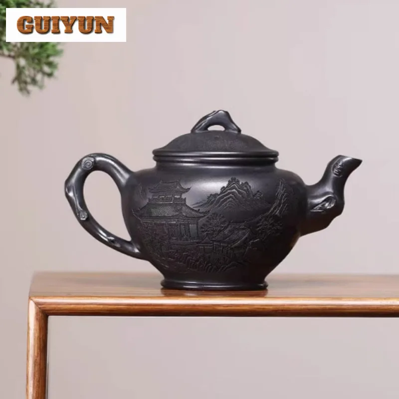 

300 мл подлинные фиолетовые глиняные чайники Исин, горшок ручной работы, камень из необработанной руды, желтый грязевой чайник с заварочным устройством, китайский чайный сервиз Zisha, ремесло