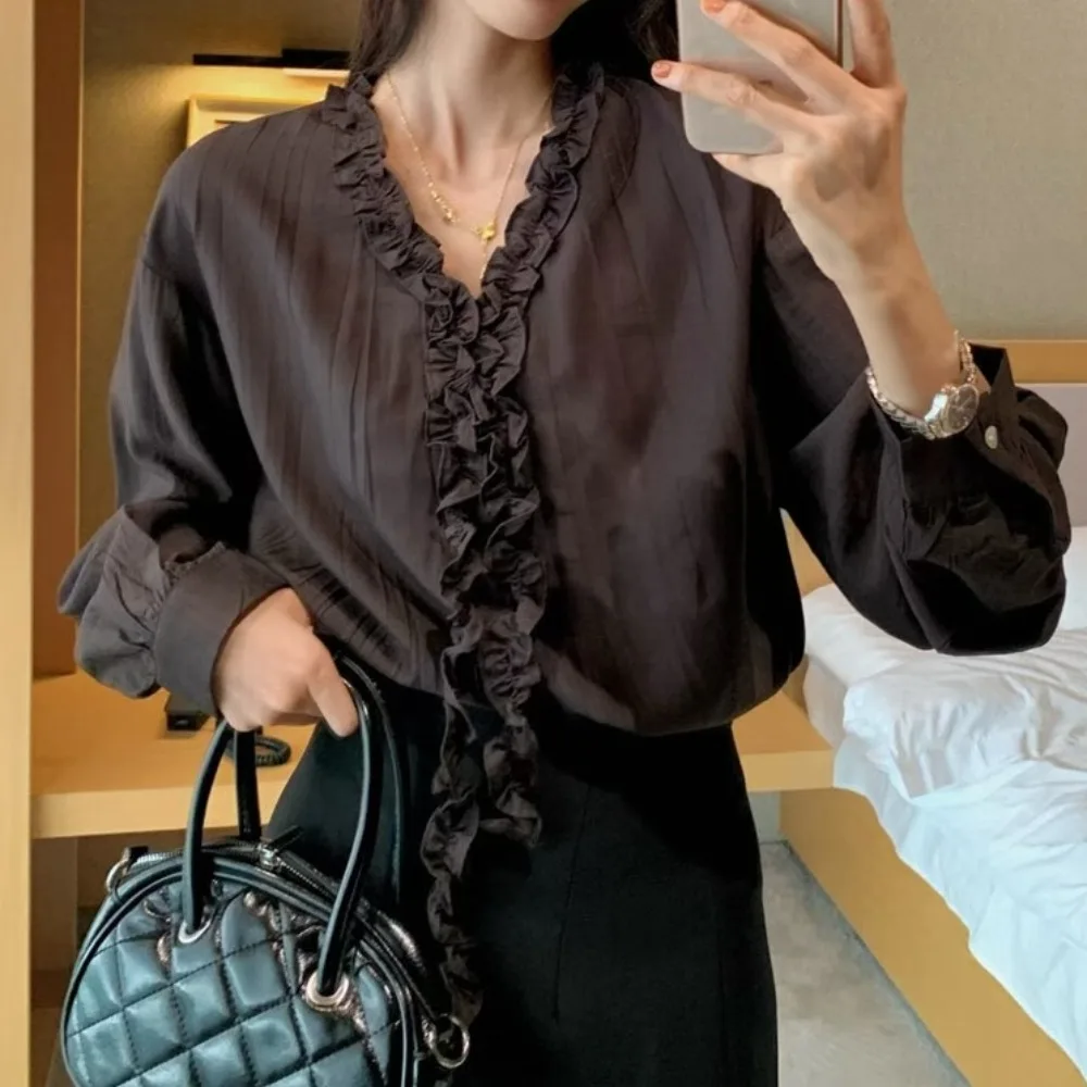 Koreanische Sle frauen irt Süße Sanfte Quaste Blume Holz Ohr Sexy V-ne Lange Sve Pendeln Top Atmungsaktiv Haut-freundliche