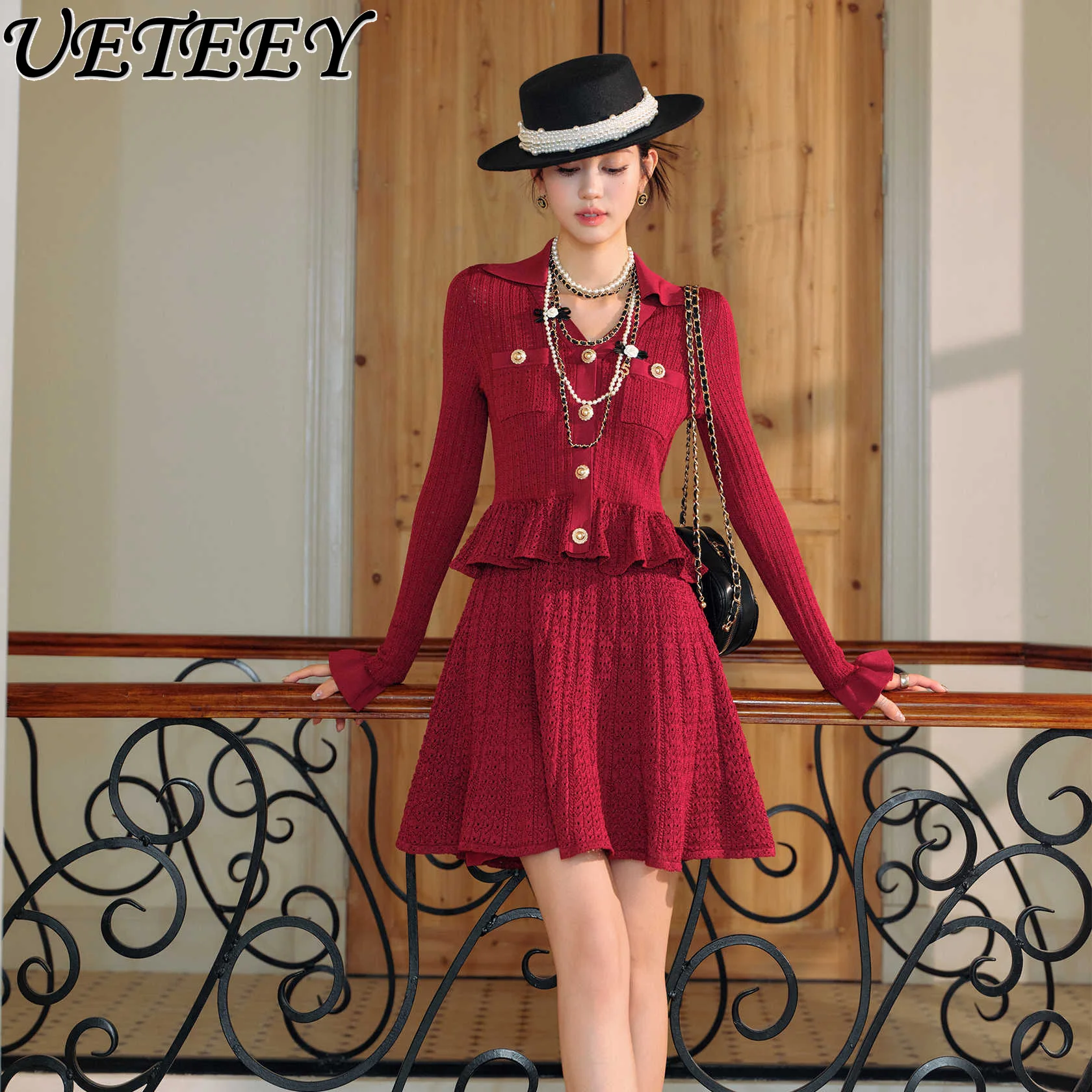 

2025 Autumn New French Style Socialite Burgundy Dress Women's Fashion Single-breasted Ruffle Patchwork Slim Long Sleeve Dress