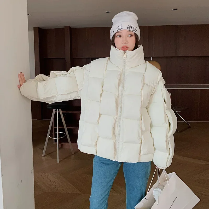 Candy Color Thick Warm Puffer Jacket Women Stand Collar Parka Three-dimensional Weave Square Korean Cotton-padded Jacket New