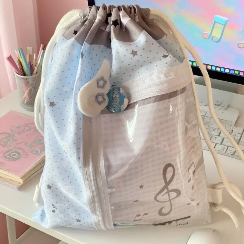 

Drawstring Backpack Badge Star Print Japan Korean Harajuku Backpacks Large Capacity Student Transparent Pockets Drawstring Bag