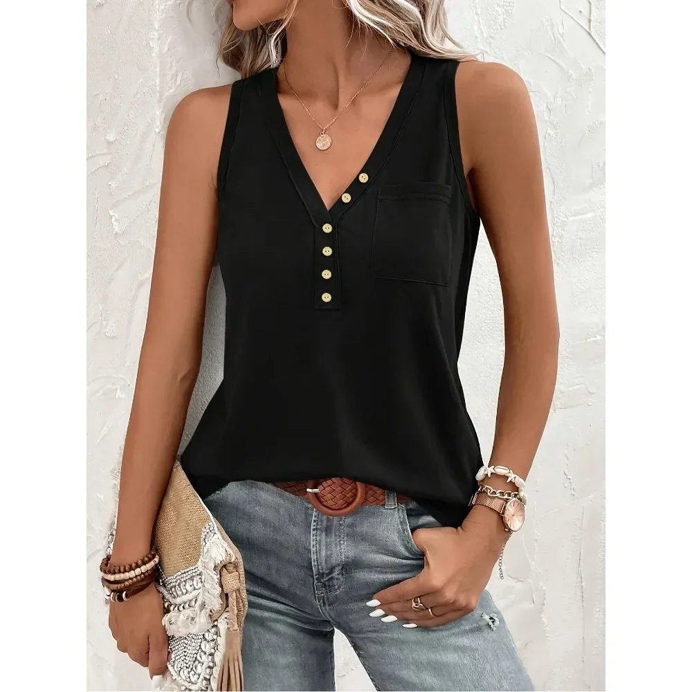 Plus size Women's Button Pocket V-neck Vest Female with Jacquard Cross Solid Strap Top V-neck Vest