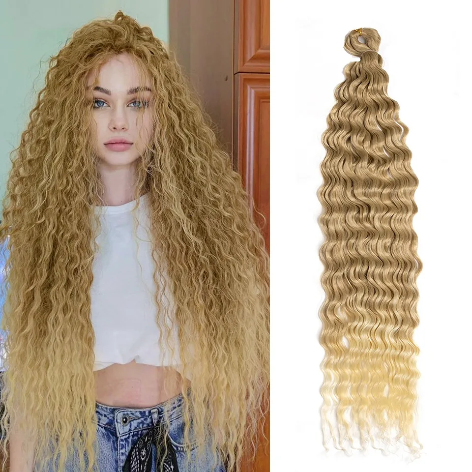 Cabello sintético para crochet pre-estirado de 32 pulgadas, onda profunda, yaki ombre, fibra de alta temperatura para mujer 5