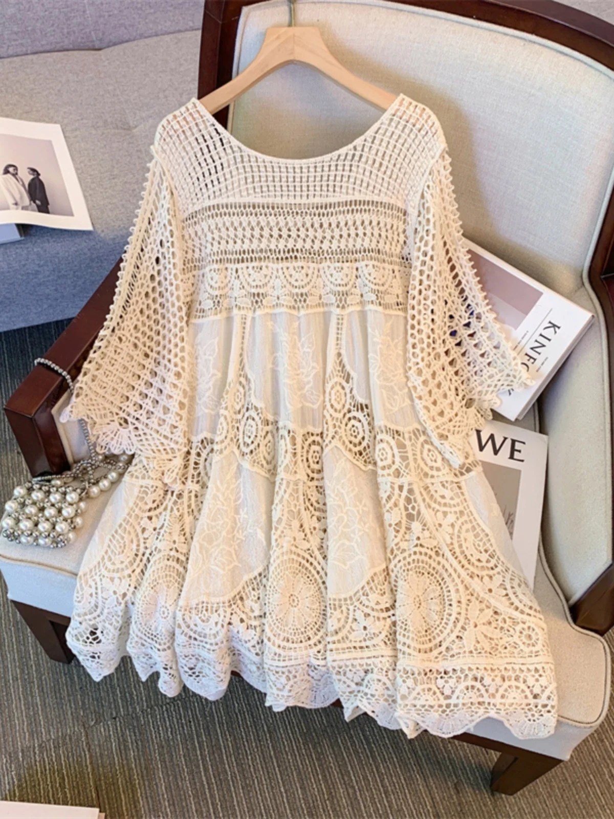 Lace Hollow out Base Shirt Women Early Autumn 2026 plus Size Loose Belly Cover Skirt Loose Top Semi-Transparent Cover up