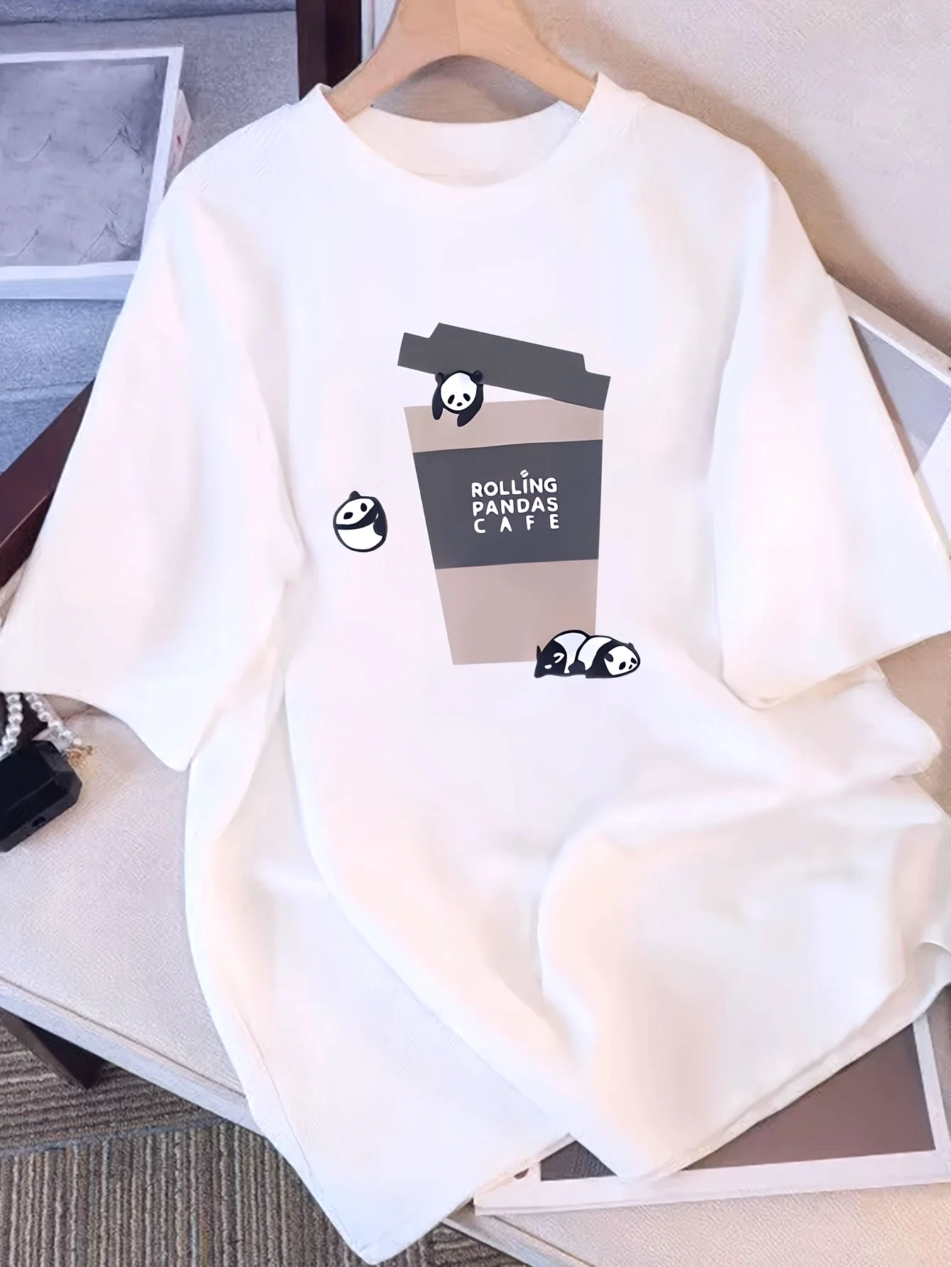 Women's Black Cute Panda Print T-Shirt Soft Breathable Perfect for Everyday Casual Wear Comfortable Short-sleeved Top Minimalist