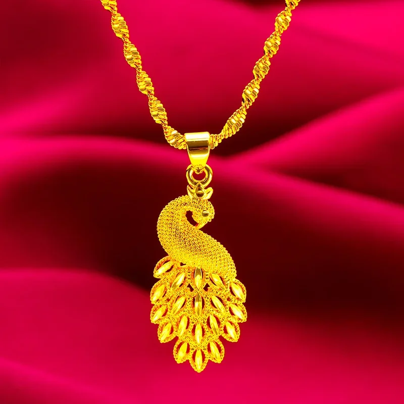Nexil Jewelry   Nexil Jewelry  24K Gold AU999 Women's Peacock Pendant Necklace - Gradient Gold Feathers + Gold Foil Tips, Chain