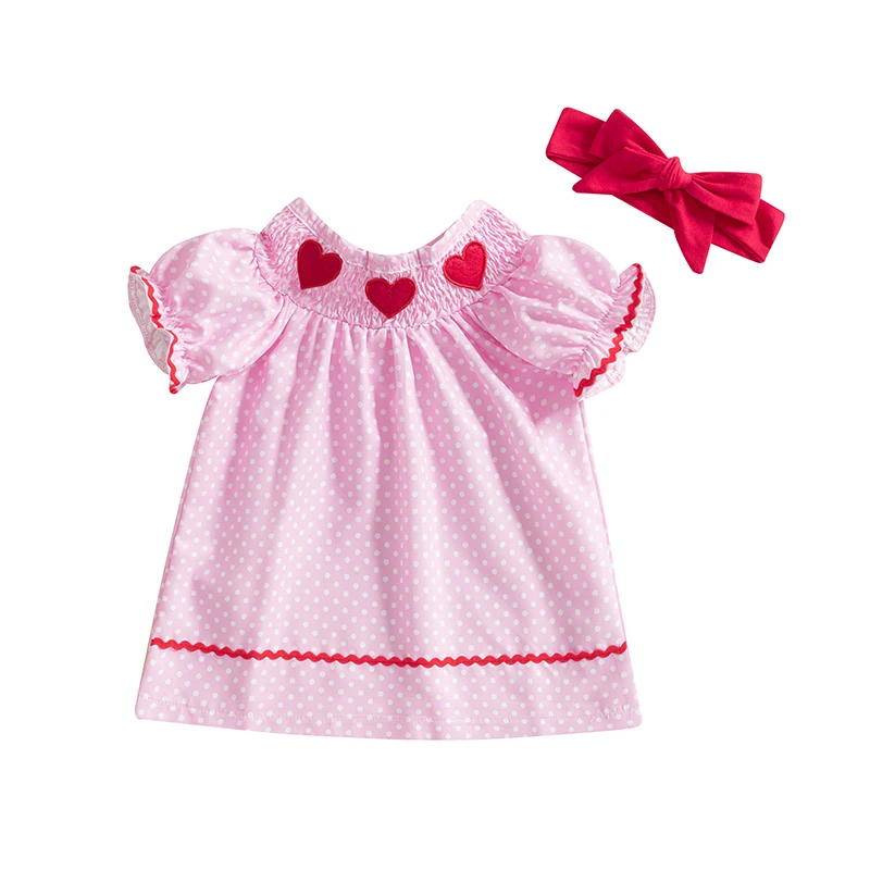 Baby Girl Valentine’s Day Dress Short Sleeve Round Neck Dots Print Dress with Headband Set