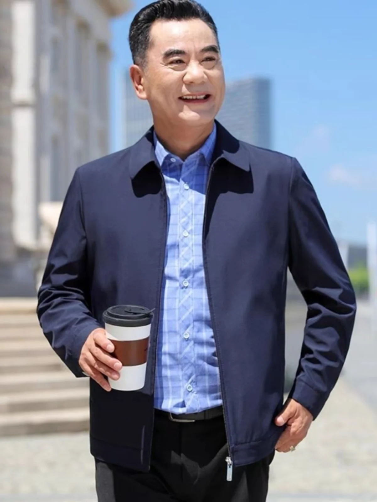 

Loose Fit Zipper Collar Jaet for Dad Spring Autumn Polyester Men's Outerwear Breathable Long Sve Pure Color andpa Top