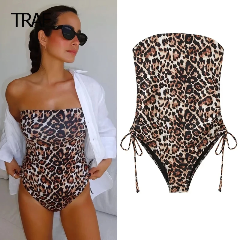 TRAF Bodysuit Women Summer 2024 Animal Print Swimsuit Off Shoulder Sleeveless Backless Tied Belt Swimsuit Sexy Lady Most Sold