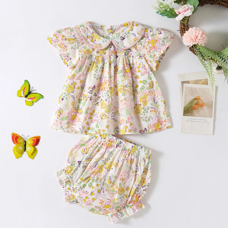 

2024 New Summer Toddler Baby Girl Clothes Suit Short Sleeved Cotton Flower Printed Shirt+Shorts Infant Baby Girls Clothing Set