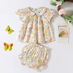 2024 New Summer Toddler Baby Girl Clothes Suit Short Sleeved Cotton Flower Printed Shirt+Shorts Infant Baby Girls Clothing Set