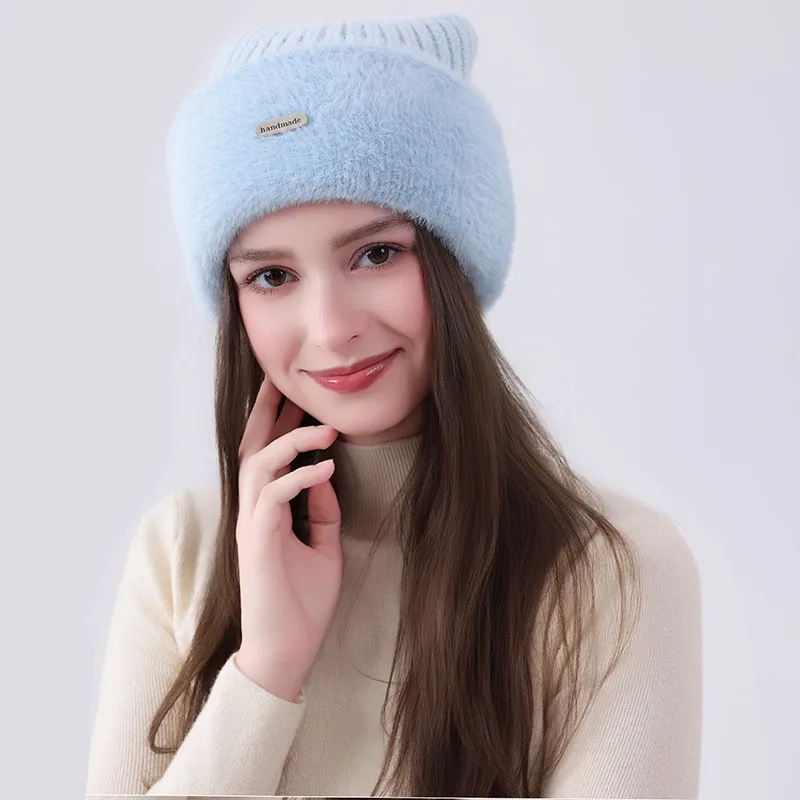

Winter Thicken Simple Rabbit Fur Knitted Hat for Men Women Cold Proof Ear Protection Outdoor Skiing Casual Warm Furry Unisex Hat