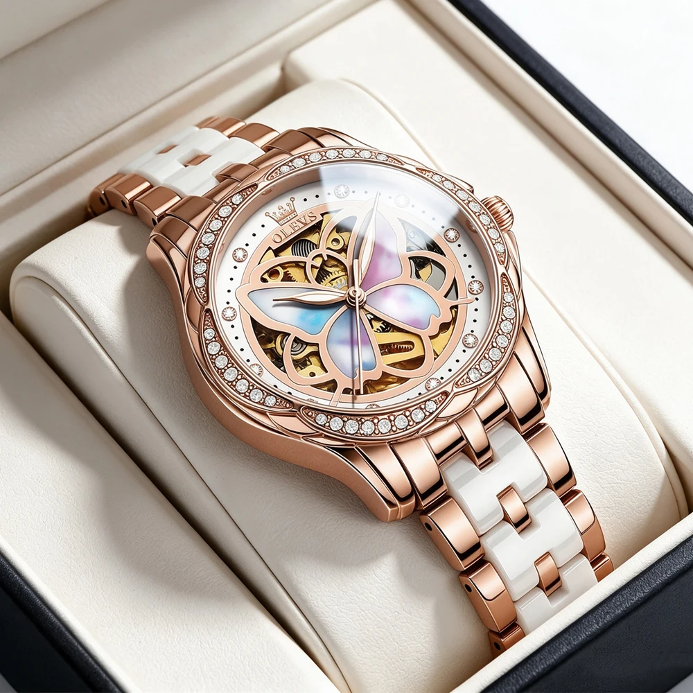 OLEVS Fashion Design Ladies Automatic Mechanical Watch Rose Gold Ceramic Strap Butterfly Diamond Bezel Waterproof Wristwatch