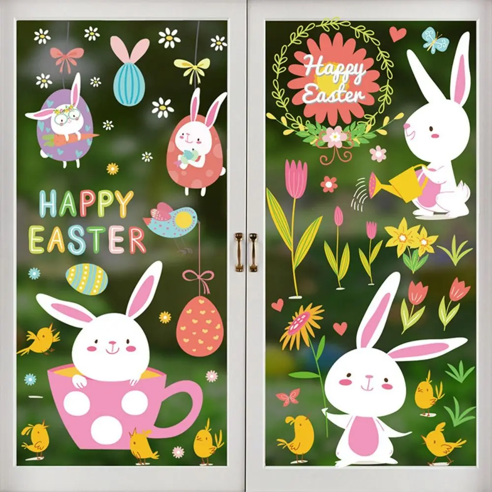 9pcs/1 set Bunny Happy Easter Window Stickers Flowers Egg Rabbit Electrostatic Glass Sticker Cute Rabbit