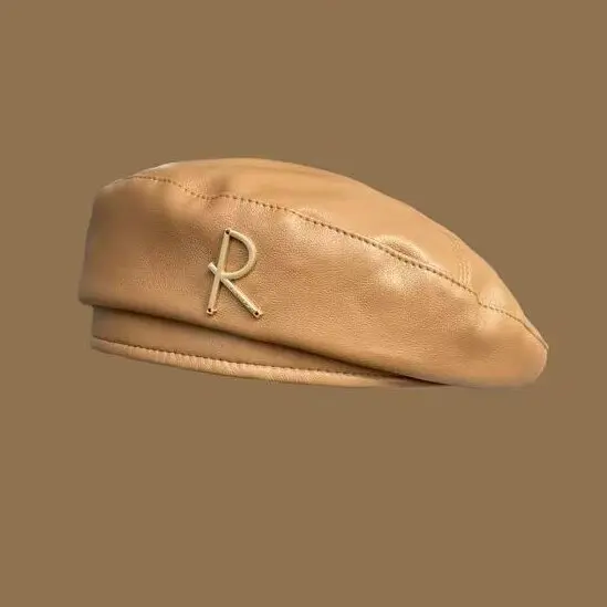 

Женская зимняя винтажная кожаная беретка в японском стиле с буквой R, однотонная, придающая изящество, в стиле художника