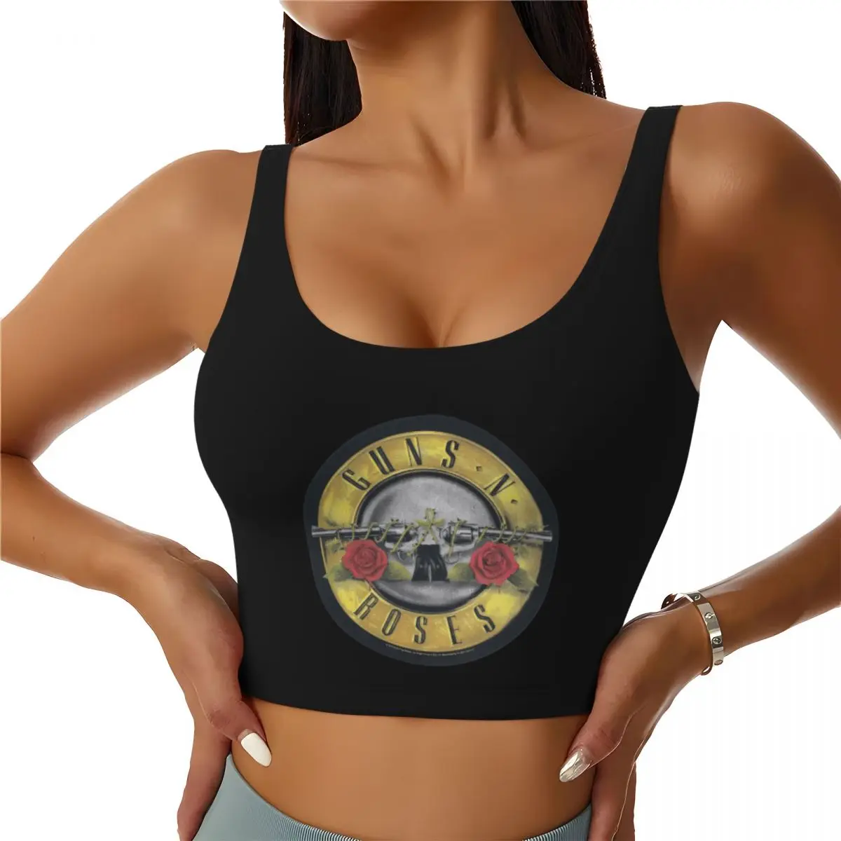 

Custom Guns N Roses Bullet Logo Sports Bra for Women Hard Rock Band High Impact Workout Yoga Crop Top