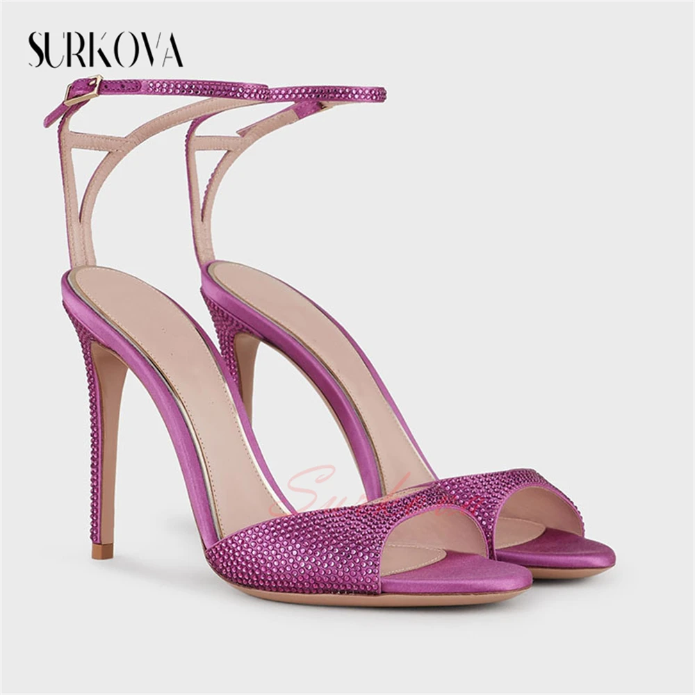 

Multicolored Rhinestone Open Toe Sandals Ankle Belt Mini Buckle Sandals Sidespace Stiletto High Heel Fashion Sandals for Women