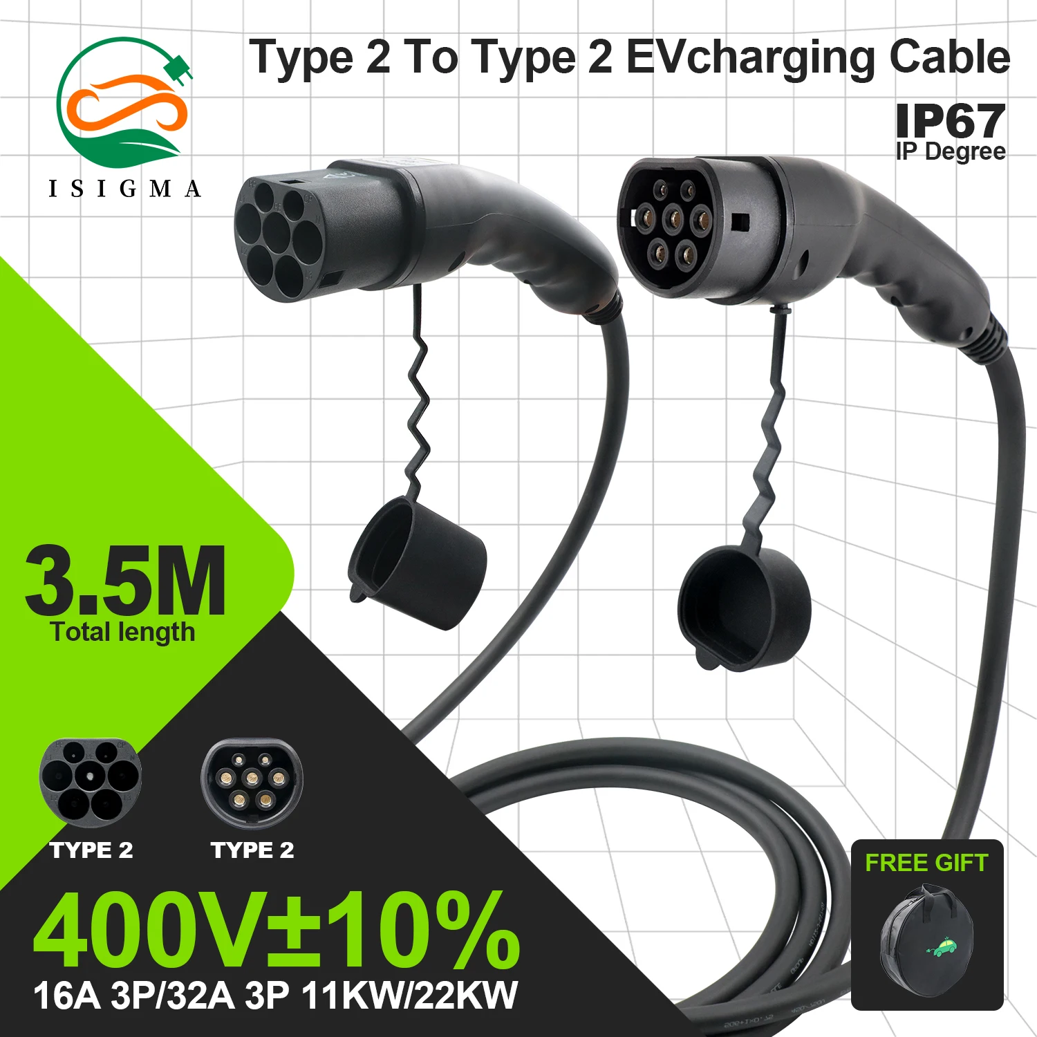 GOODCELL 3-phase electric vehicle charging cable Type 2 to Type 2 female to male plug 3.5 meters EV cable, suitable for public c