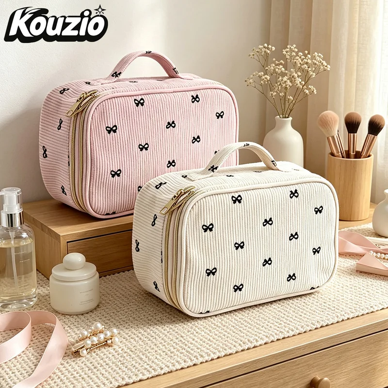 Kouzio Bow Print Corduroy Makeup Bag, Large Capacity Double Layer Travel Cosmetic Organizer with Handle for Women Girls