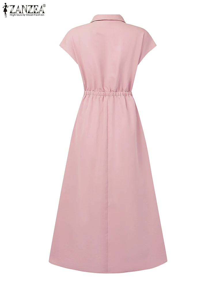 Zanzea moda 2025 verão em camadas midi vestidos sólidos feminino elegante turn-down colarinho camisa manga boné a linha robes femme