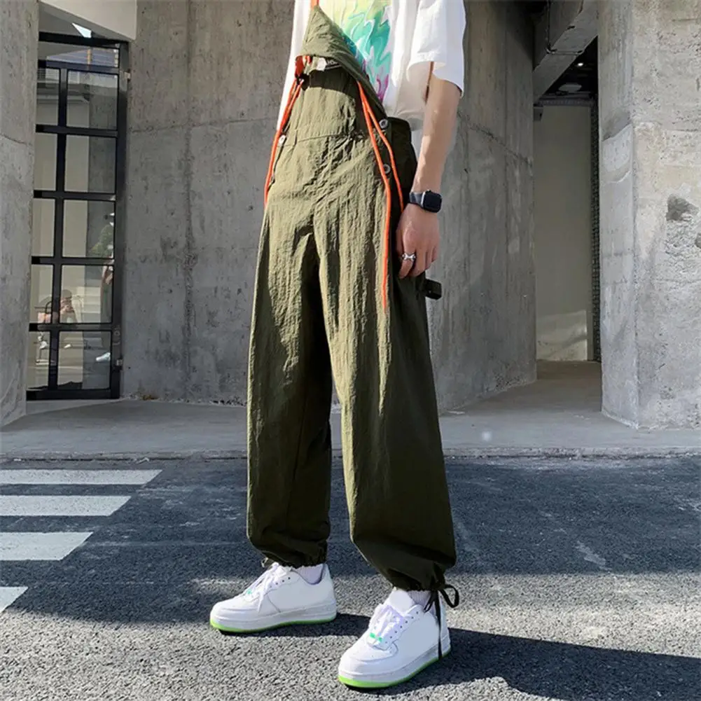 Men Jumpsuit Vintage Loose Suspenders Pocket Solid Color Dress-up Drawstring Sleeveless Hip Hop Men Pants Male Casual Overalls