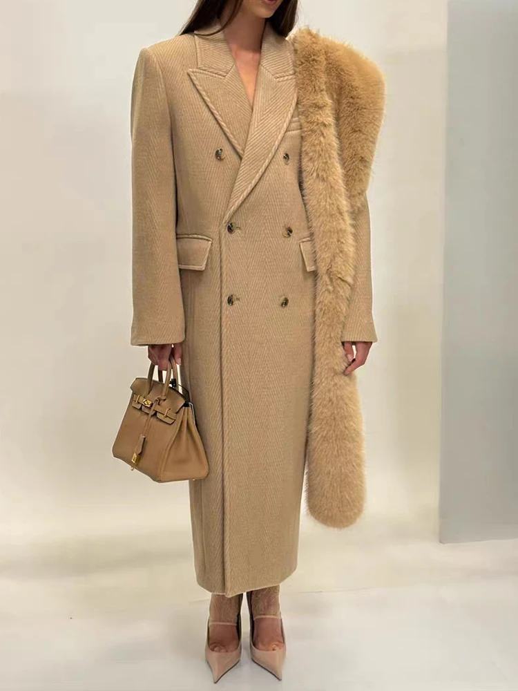 

Коричнево-желтое шерстяное пальто, стильное и элегантное двубортное длинное пальто с проработанным силуэтом для женщин, новинка весны 2026 года