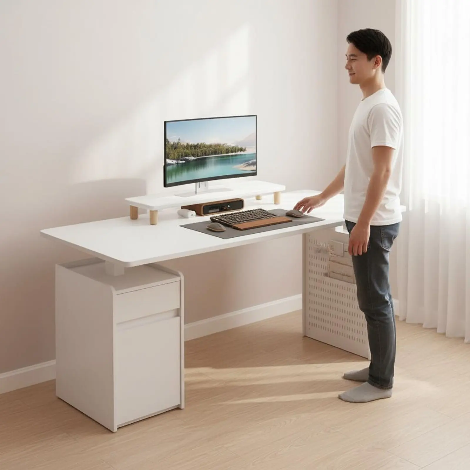 Natural Wood Sit Stand Desk Memory Presets Electric Standing Desk Height Adjustable Workstation Quiet Function for Study Room