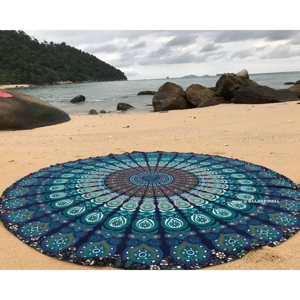 Raajsee-tapiz de playa redondo turquesa, manta de playa hippie/boho, mandala/jersey de algodón indio, mantel redondo/decoración del hogar/indie