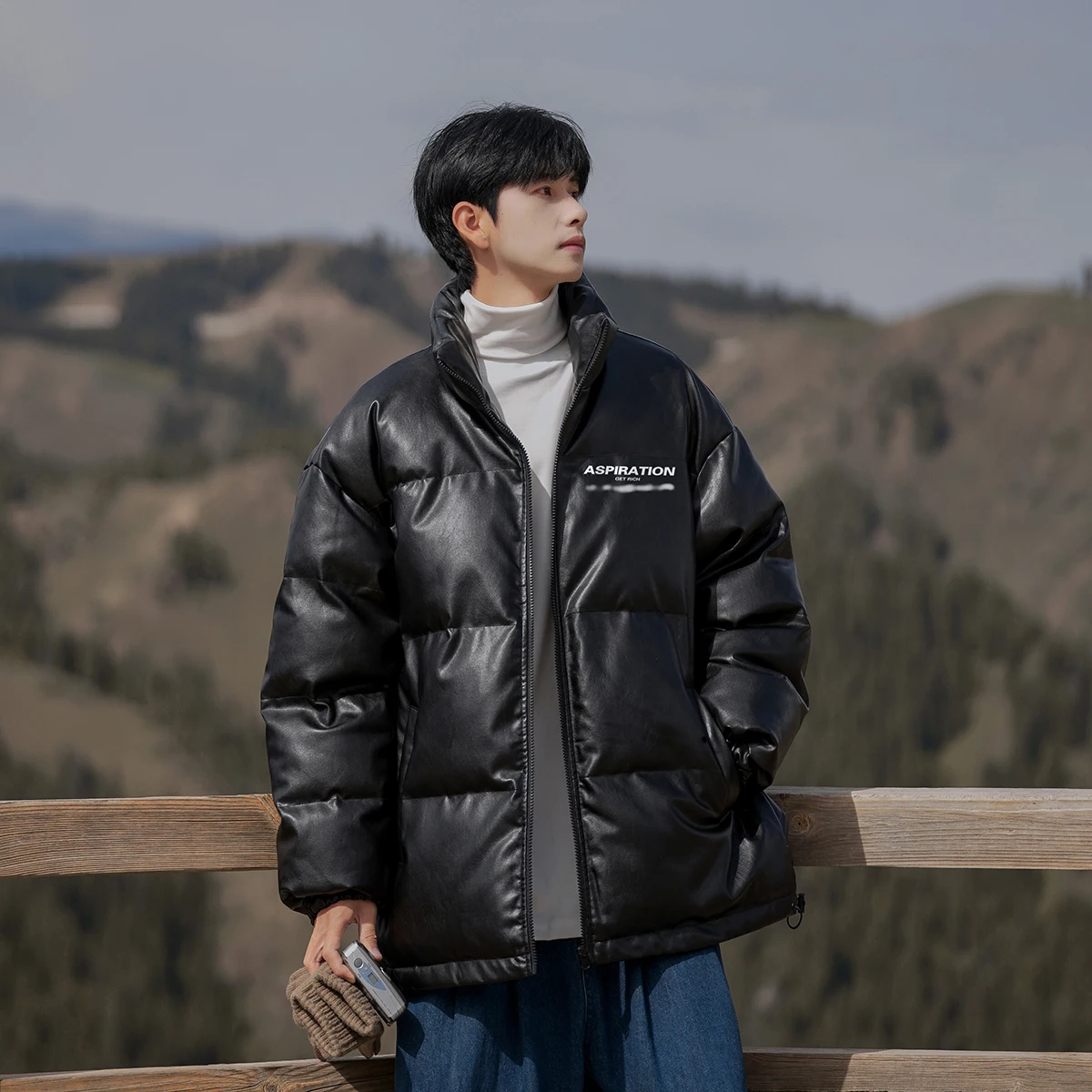 

Мужская зимняя утепленная куртка из искусственной кожи с хлопковой подкладкой, воротником-стойкой, молодежная повседневная модная утепленная куртка