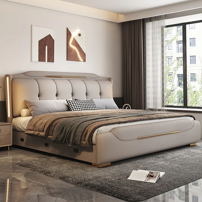 

Adults King Leather Double Bed Storage Modern Luxury Space Saving Double Bed Queen Loft Lit 2 Personnes Bedroom Furniture