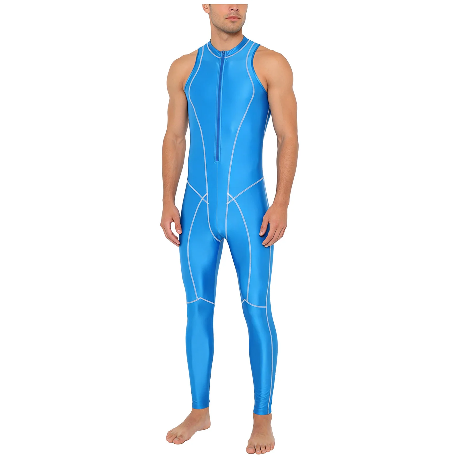 Mens One Piece Swimsuit Glossy Flat Seams Sleeveless Front Zipper Unitard Rash Guard Wetsuit Oil Shiny Bathing Suit for Surfing