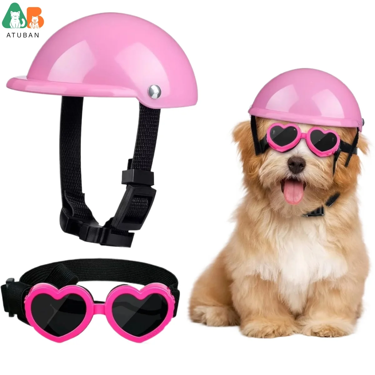 ATUBAN 2 Pieces Small Dog Helmet and Goggles Puppy Sunglasses UV Protection PET Helmet with Adjustable Belt Dog Motorcycle Hard