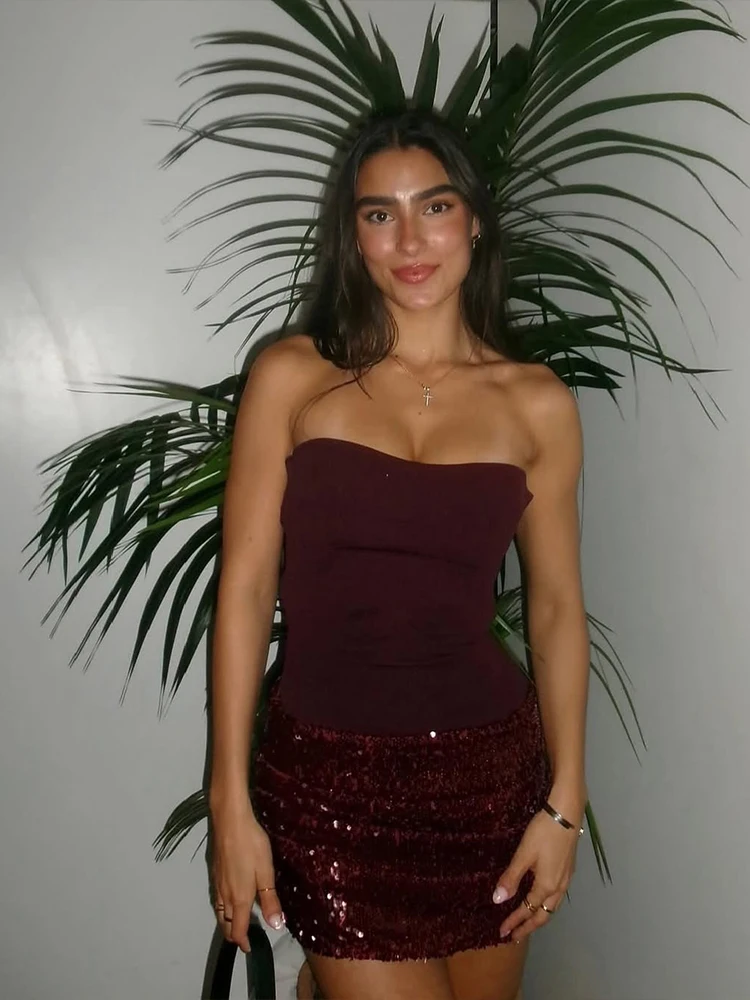 Kliou Shiny Sequins Mini Dresses Woman Sexy Chest Wrap Backless Sleeveless Skinny Peach Hip Midnight Club Party Fashion Bodycon
