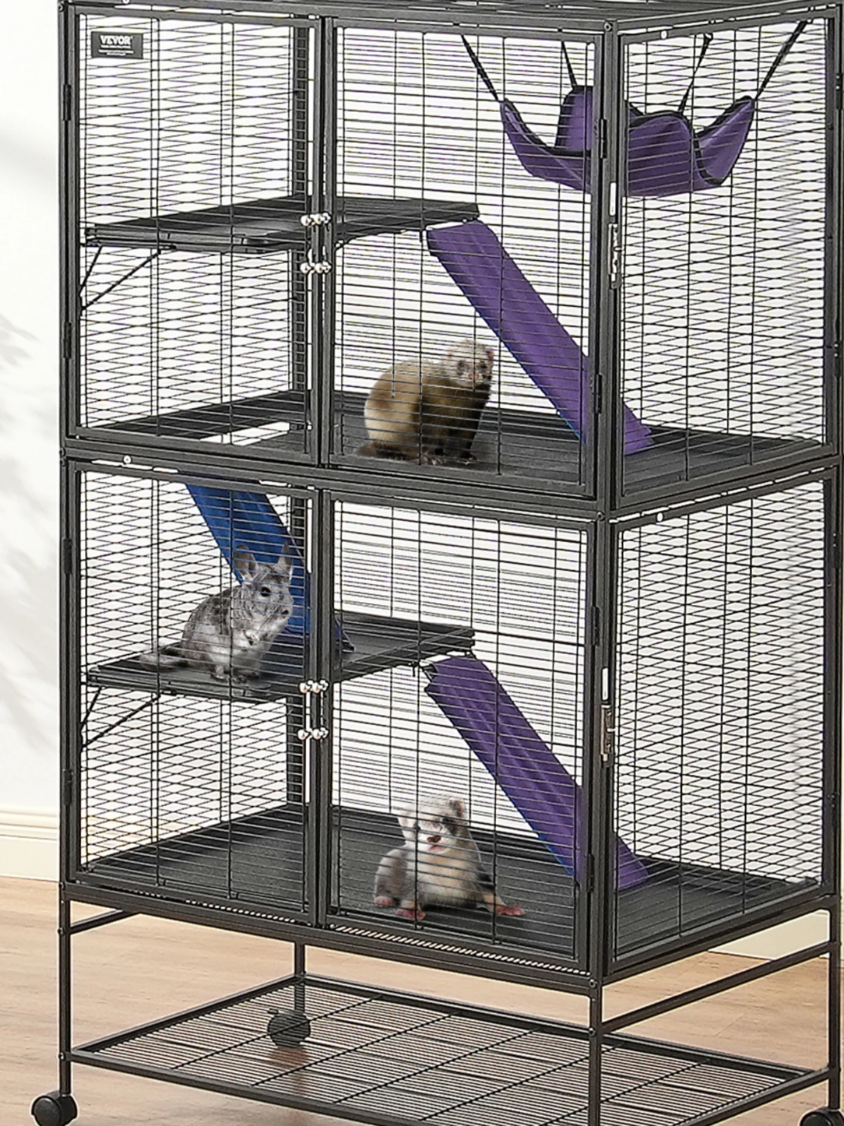 SucceBuy 64,6" rollende metalen fretkooi grote 4-laags Critter Nation Cage kleine dierenkooi voor ratten hamster cavia chinchilla - afbeelding 2