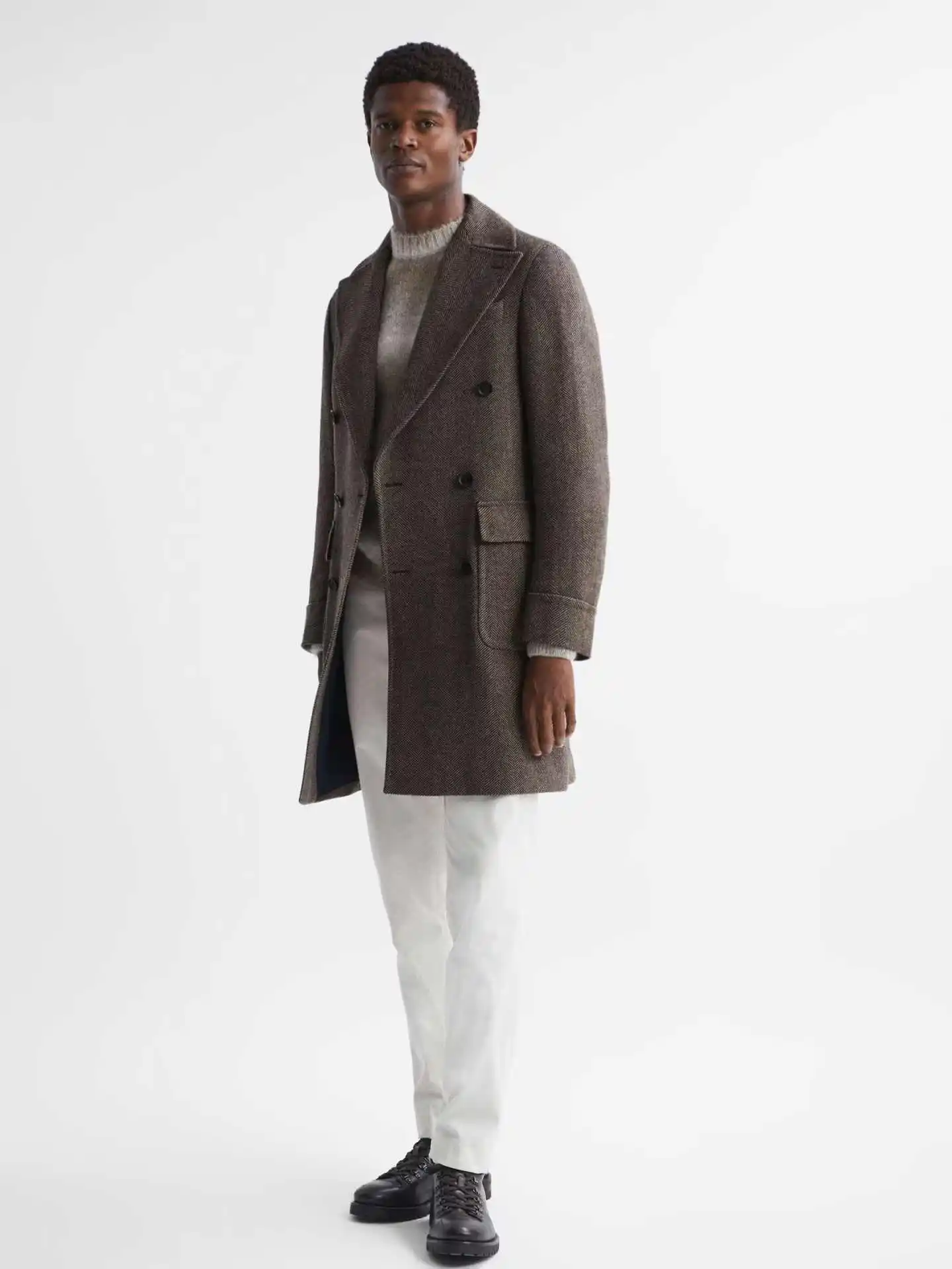 Handsome Men Coat Double Breasted Wool Blends Fashion Overcoat  Herringbone Long Sleeve Jacket Business Blazers Customized