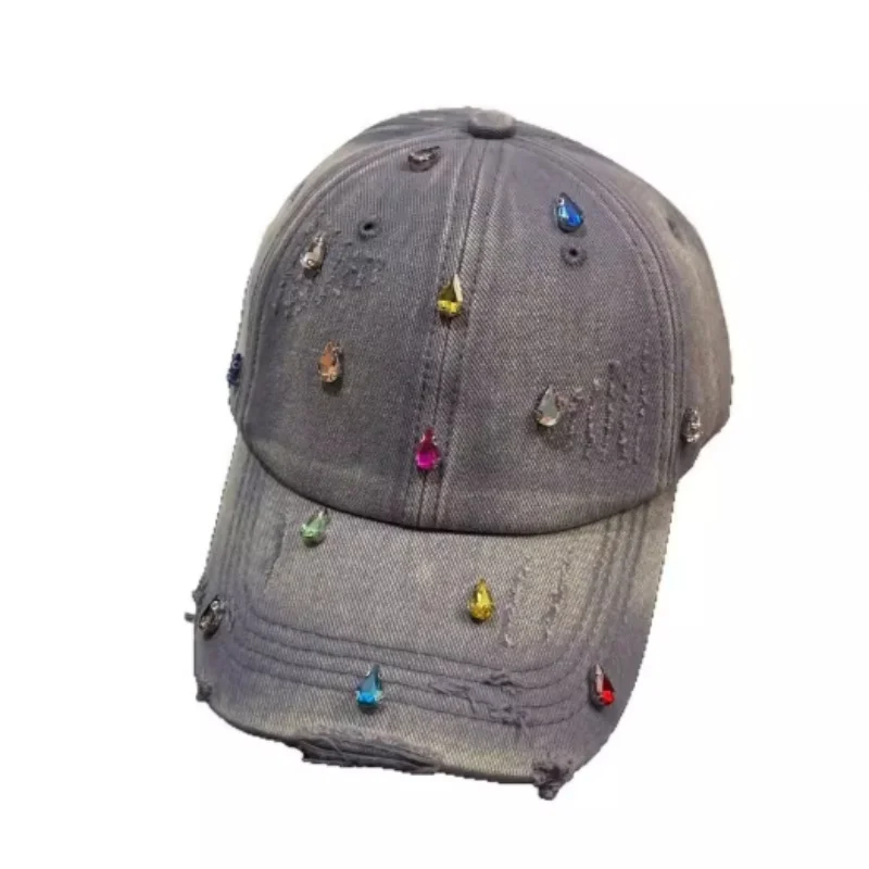 

﻿Trend Korean-style Colorful Rhinestone Duckbill Cap American Youth Personalized Washed Hole Breaking Baseball Hats﻿