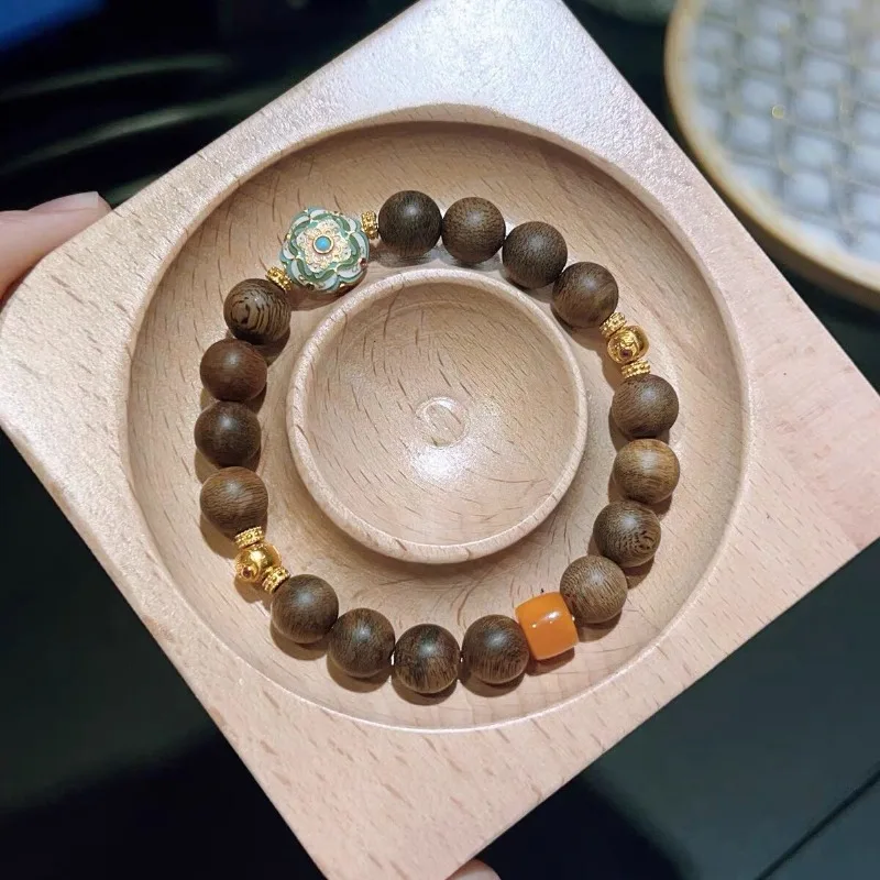 Chinese Style 9mm Natural Agarwood Beaded Bracelet For Women Cloisonne Flower Lucky Blessing Prayer Mala Feng Shui Good Luck Wea