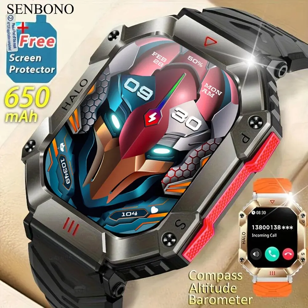 SENBONO 2023 Men Smartwatch Compass Barometer Altimeter GPS Trajectory Outdoor Sport Bluetooth Call 650mAh 2.0\'\' Smart Watch Men