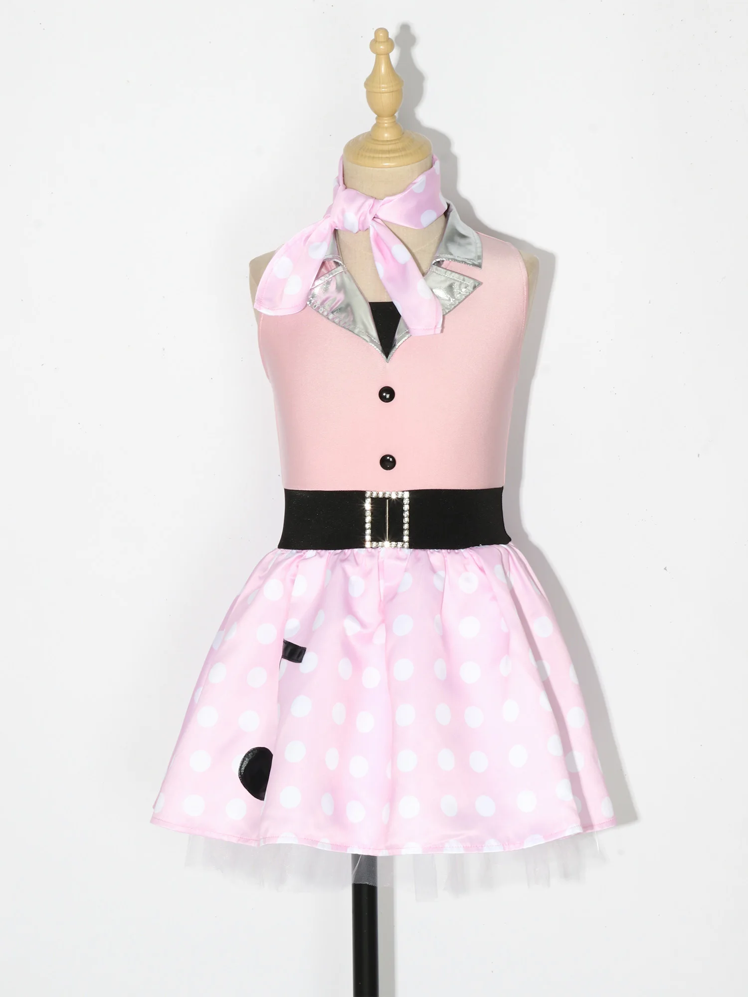 Kids Girls 50s Vintage Outfit Metallic Lapel Collar Sleeveless Dot Dress for 190s Retro Party Halloween Polka-dot Birthday Dress