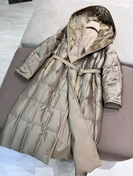 Winter Goose Down Jacket for Women Reversible Double Breasted Waist Lace-up Long Sleeve Loose Female Mid-Length Coat