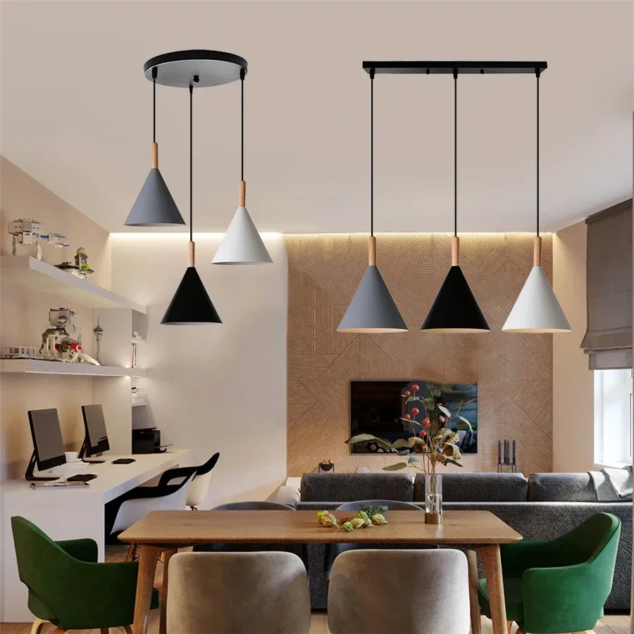 3-Heads Modern Wood Pendant Light Domeshade Suspension for Cafe Restaurant Bedroom Home Kitchen Island Nordic Hanging Lamp image 2