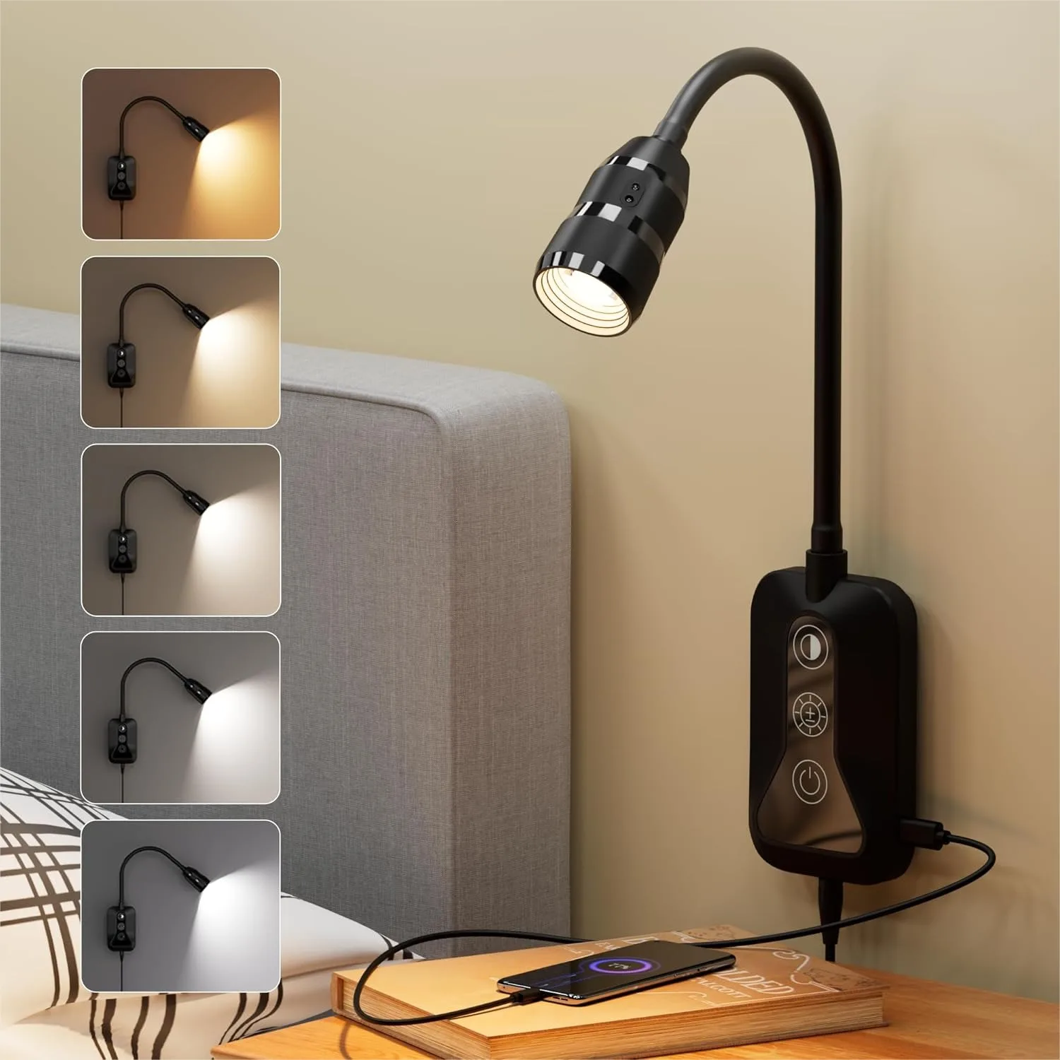 

Wall Mounted Reading Light for Bed, 360° Flexible Arm, Hand Wave Sensor, 5 Color Temperatures, Stepless Dimming, Memory