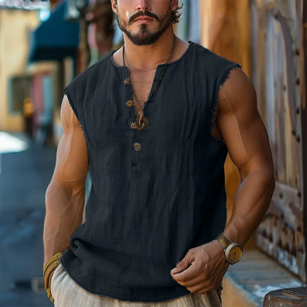 Men Cutting Tank Top, Sleeveless Button Closure Solid Loose Casual Summer Tops Streetwear