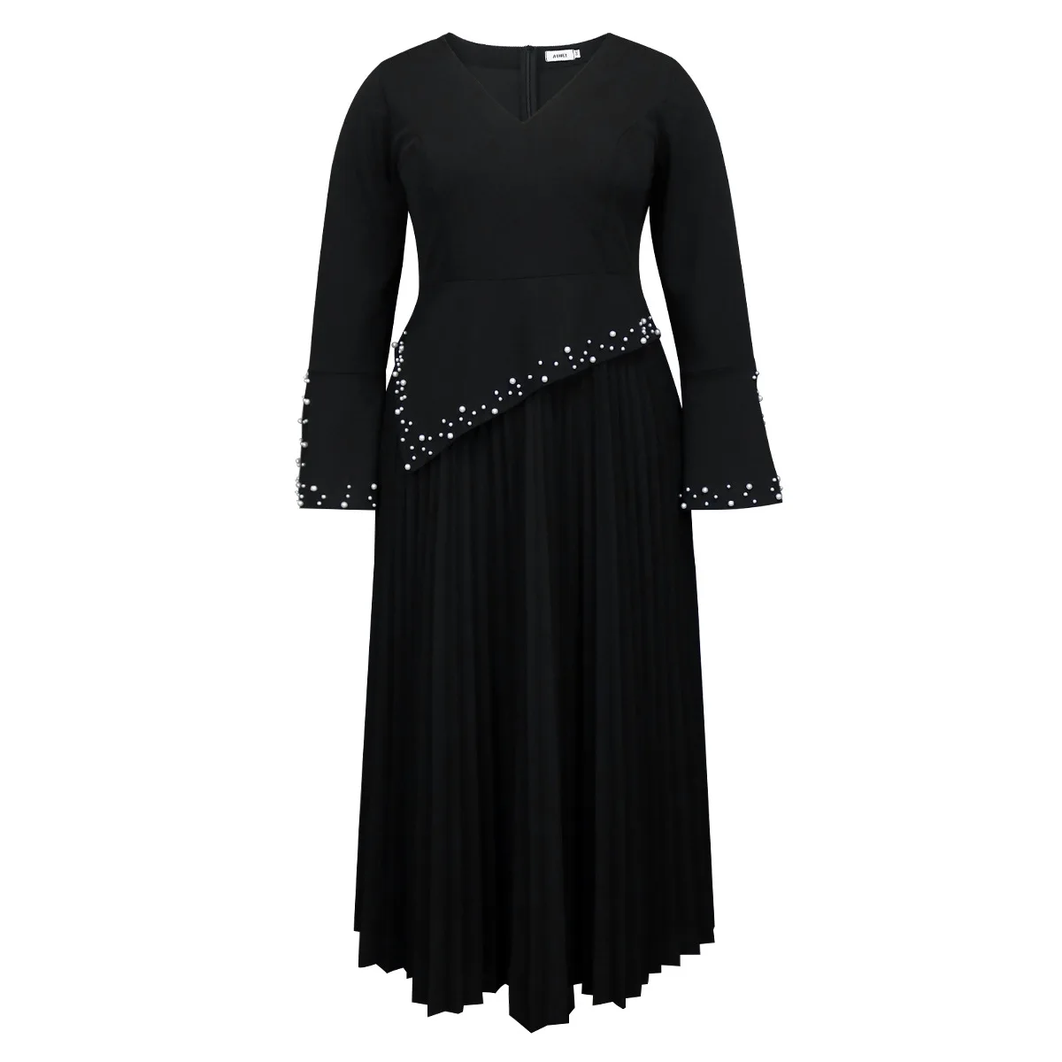 Flared Sleeves Pleated Dress for Women 2024 V-neck High Waist Rhinestone Black Evening Dress Split-side Party Dress