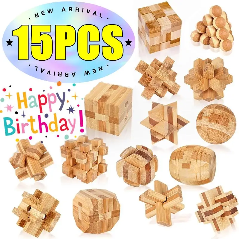 

New 3-15PCS Wooden Kong Ming Lock Lu Ban Lock IQ Brain Teaser Educational Toy for Kids Children Montessori 3D Puzzles Game Toys