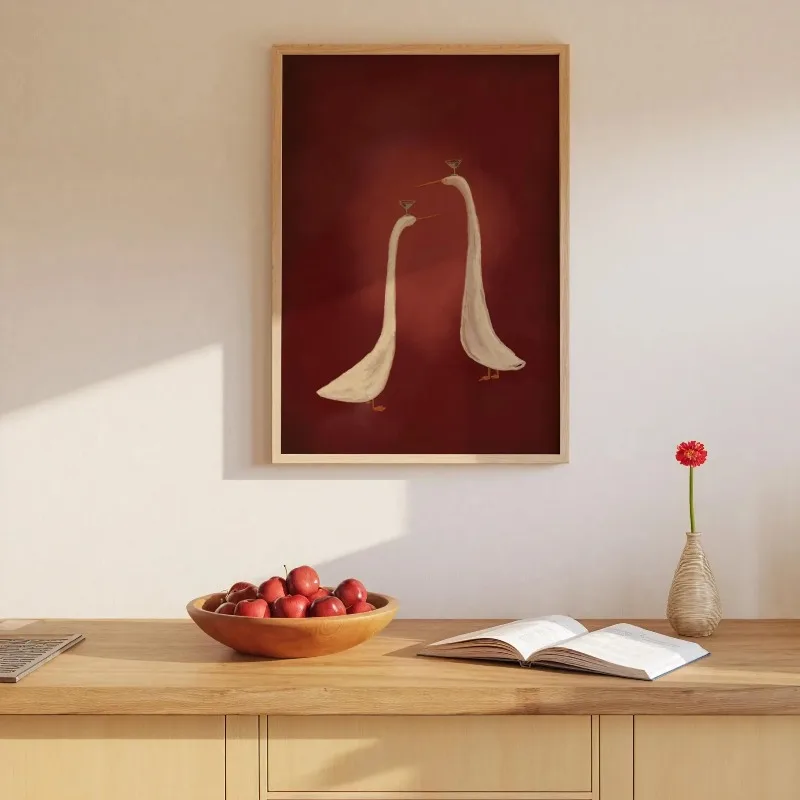 1pc frameless Canvas Painting Red Duck Frameless Wall Art Print, Minimalistic Cocktail Art, Animal Illustration, Bar Cart Decor,