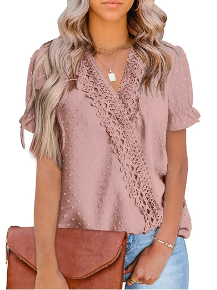 

V-neck Lace Ruffle Short Sleeved Solid Color Jacquard Women's Shirt Versatile Street Fresh Sweet Style Summer Top
