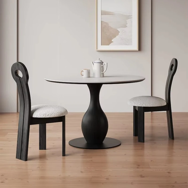 Retro black round dining table walnut solid wood sintered stone round table